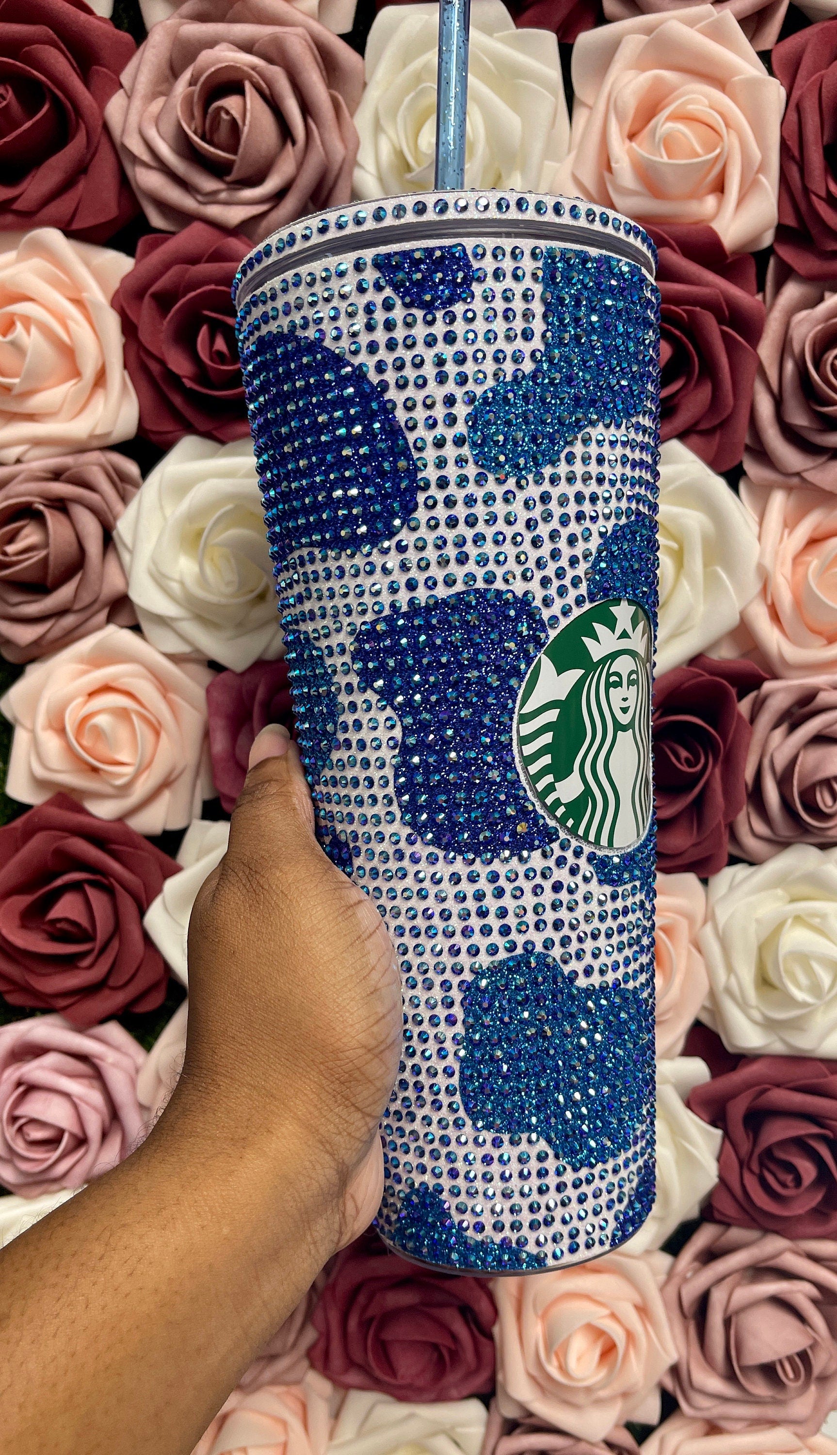Royal Blue and Aqua Tone Cow Print with Sapphire AB Rhinestone Full Bling Venti Acrylic Starbucks Tumbler 16 or 24oz