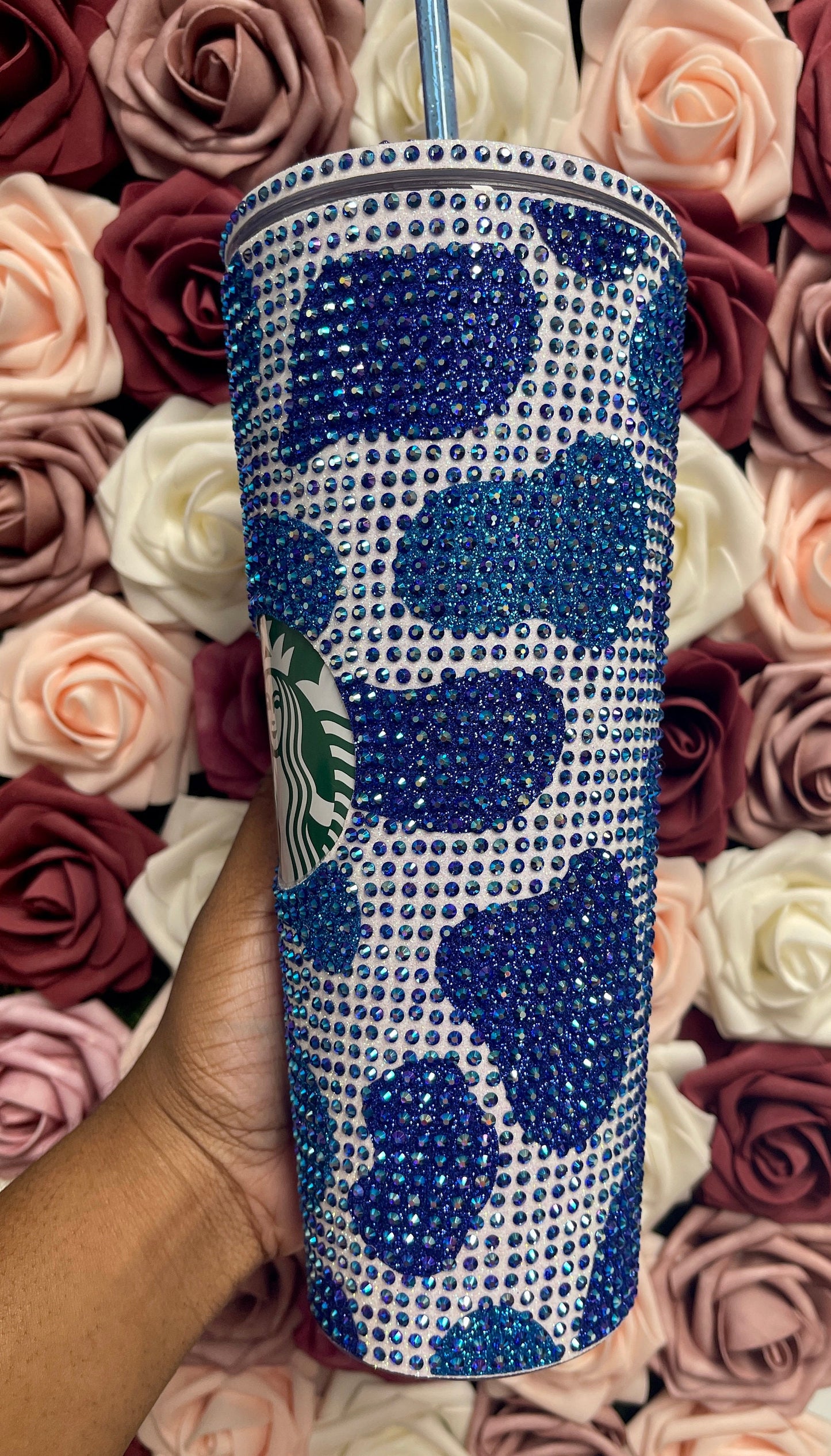 Royal Blue and Aqua Tone Cow Print with Sapphire AB Rhinestone Full Bling Venti Acrylic Starbucks Tumbler 16 or 24oz