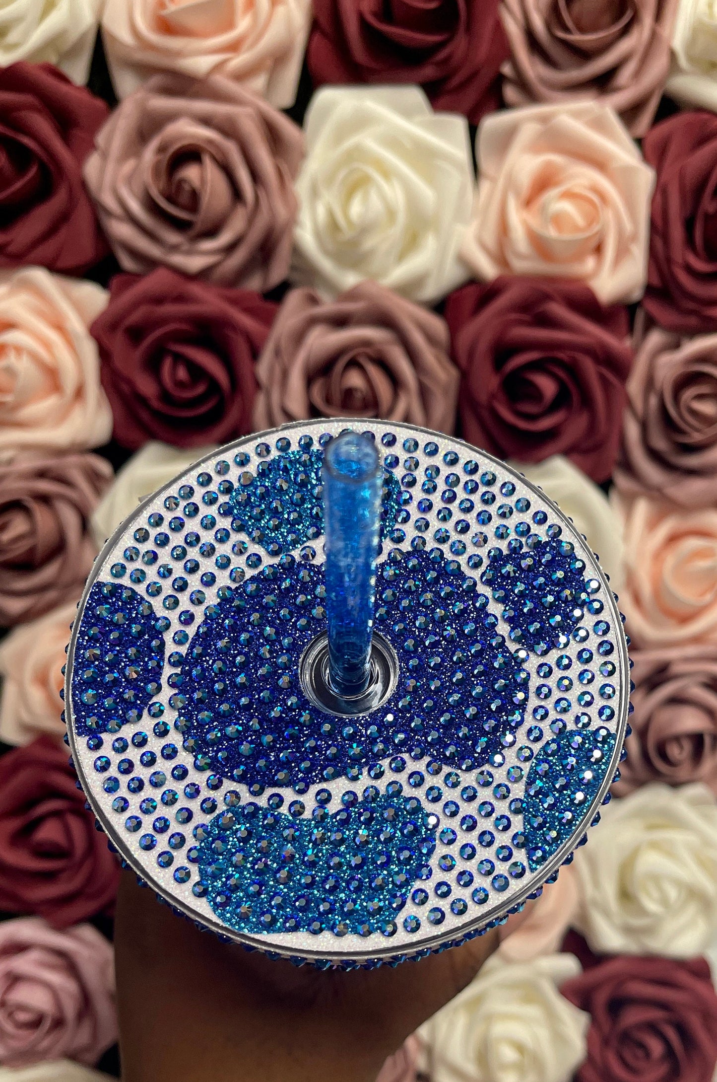 Royal Blue and Aqua Tone Cow Print with Sapphire AB Rhinestone Full Bling Venti Acrylic Starbucks Tumbler 16 or 24oz