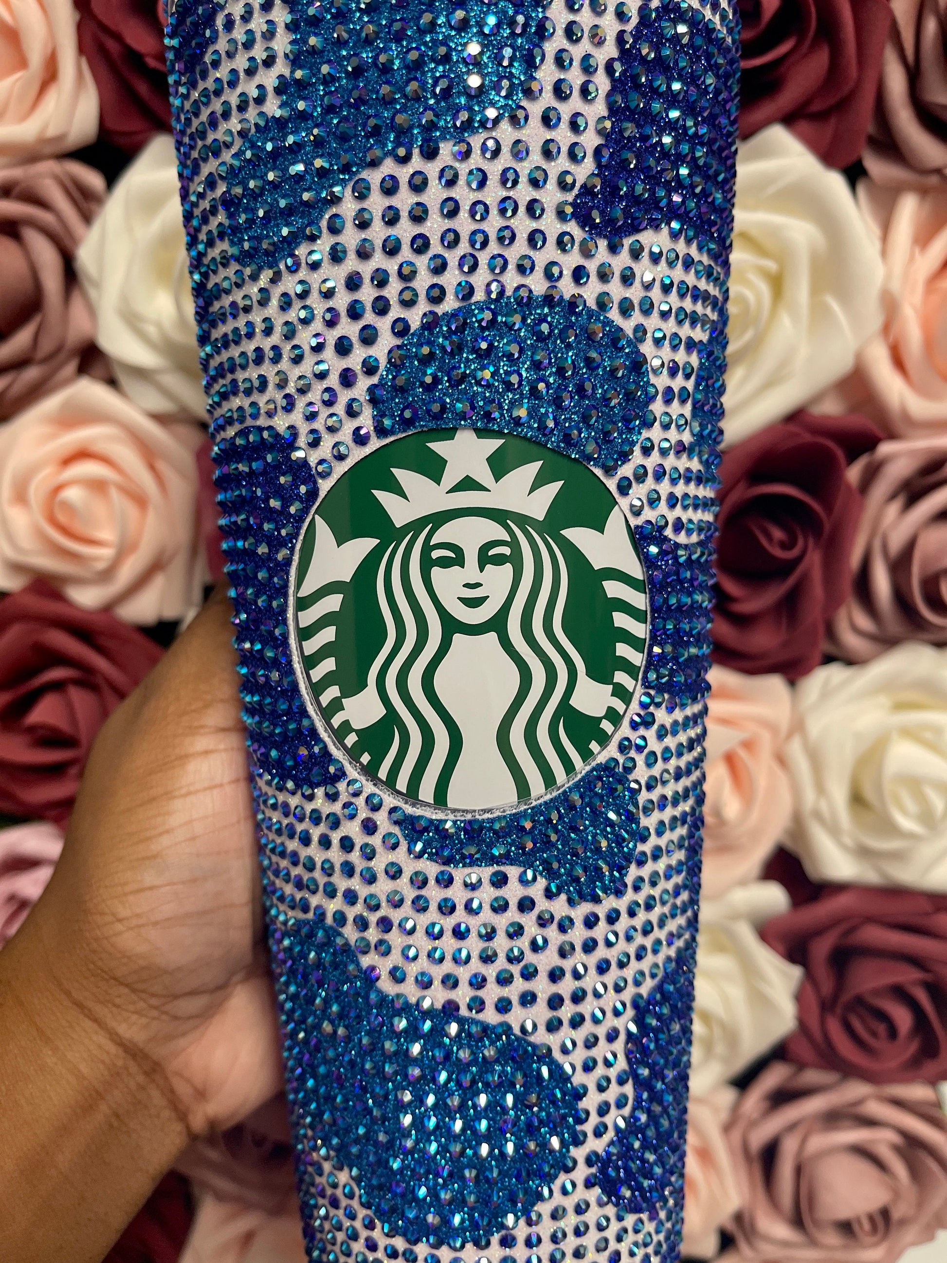 Royal Blue and Aqua Tone Cow Print with Sapphire AB Rhinestone Full Bling Venti Acrylic Starbucks Tumbler 16 or 24oz