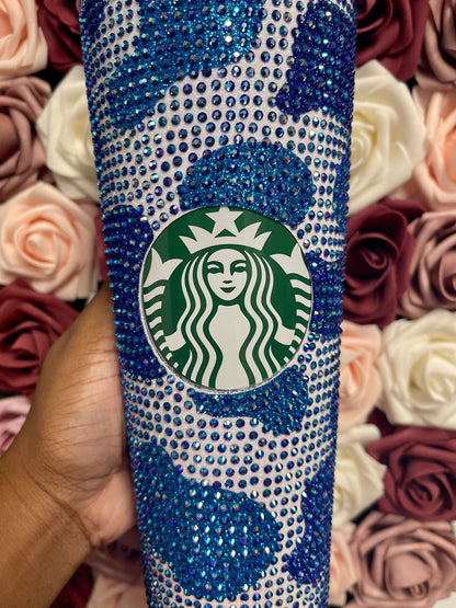 Royal Blue and Aqua Tone Cow Print with Sapphire AB Rhinestone Full Bling Venti Acrylic Starbucks Tumbler 16 or 24oz