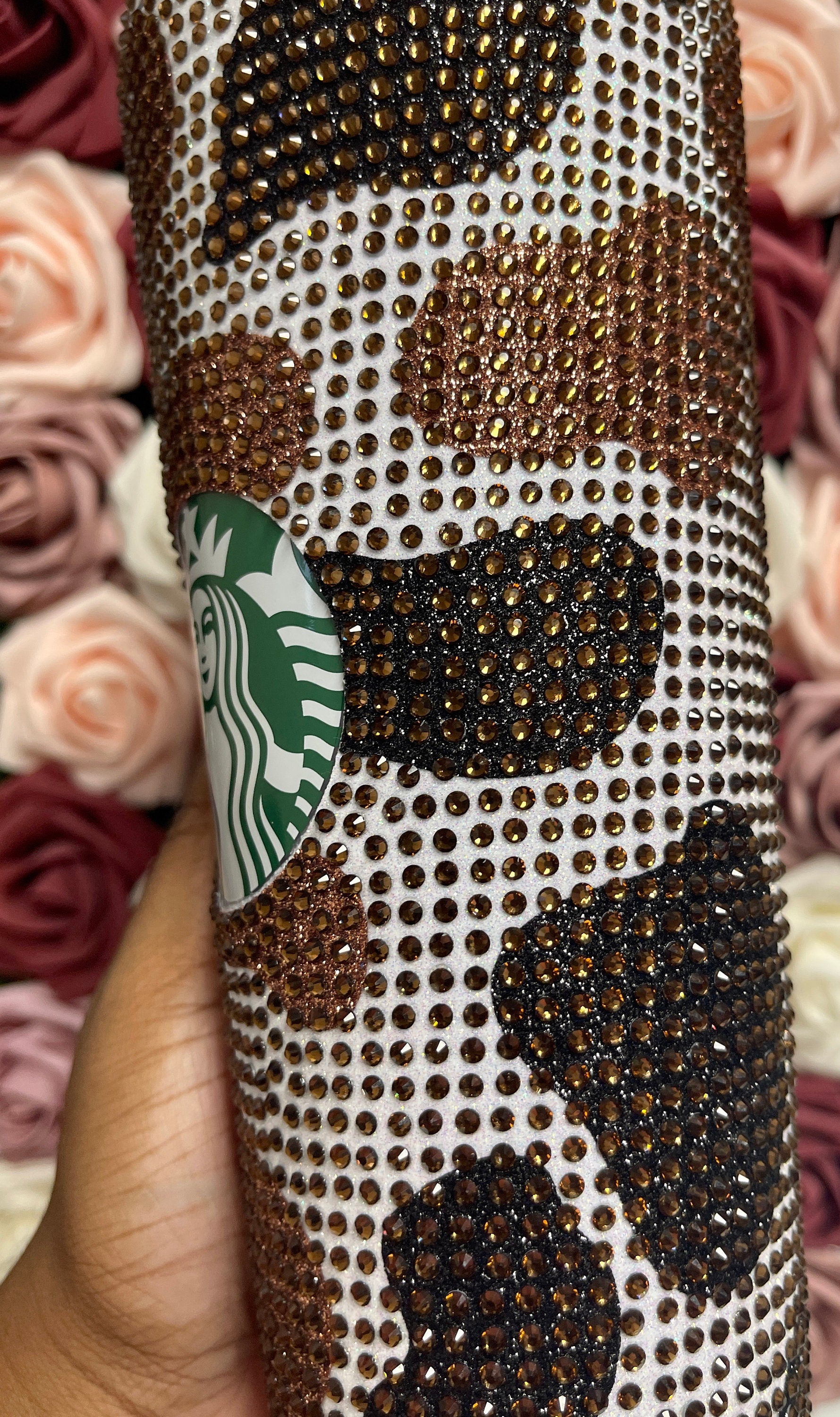 Black and Brown Two Tone Cow Print with Brown Rhinestone Full Bling Venti Acrylic Starbucks Tumbler 16 or 24oz