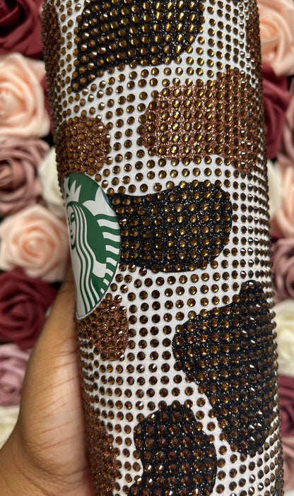Black and Brown Two Tone Cow Print with Brown Rhinestone Full Bling Venti Acrylic Starbucks Tumbler 16 or 24oz