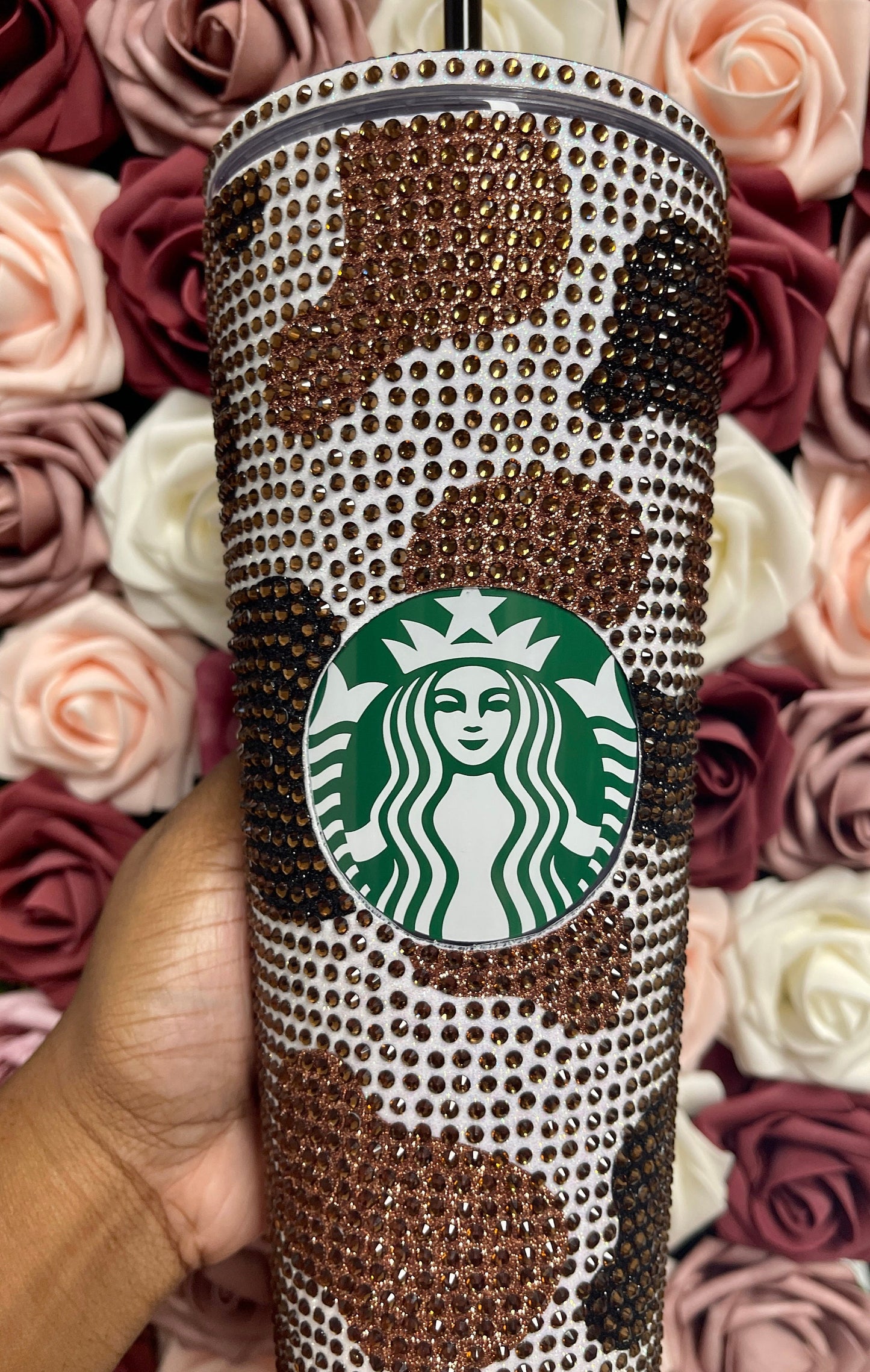 Black and Brown Two Tone Cow Print with Brown Rhinestone Full Bling Venti Acrylic Starbucks Tumbler 16 or 24oz