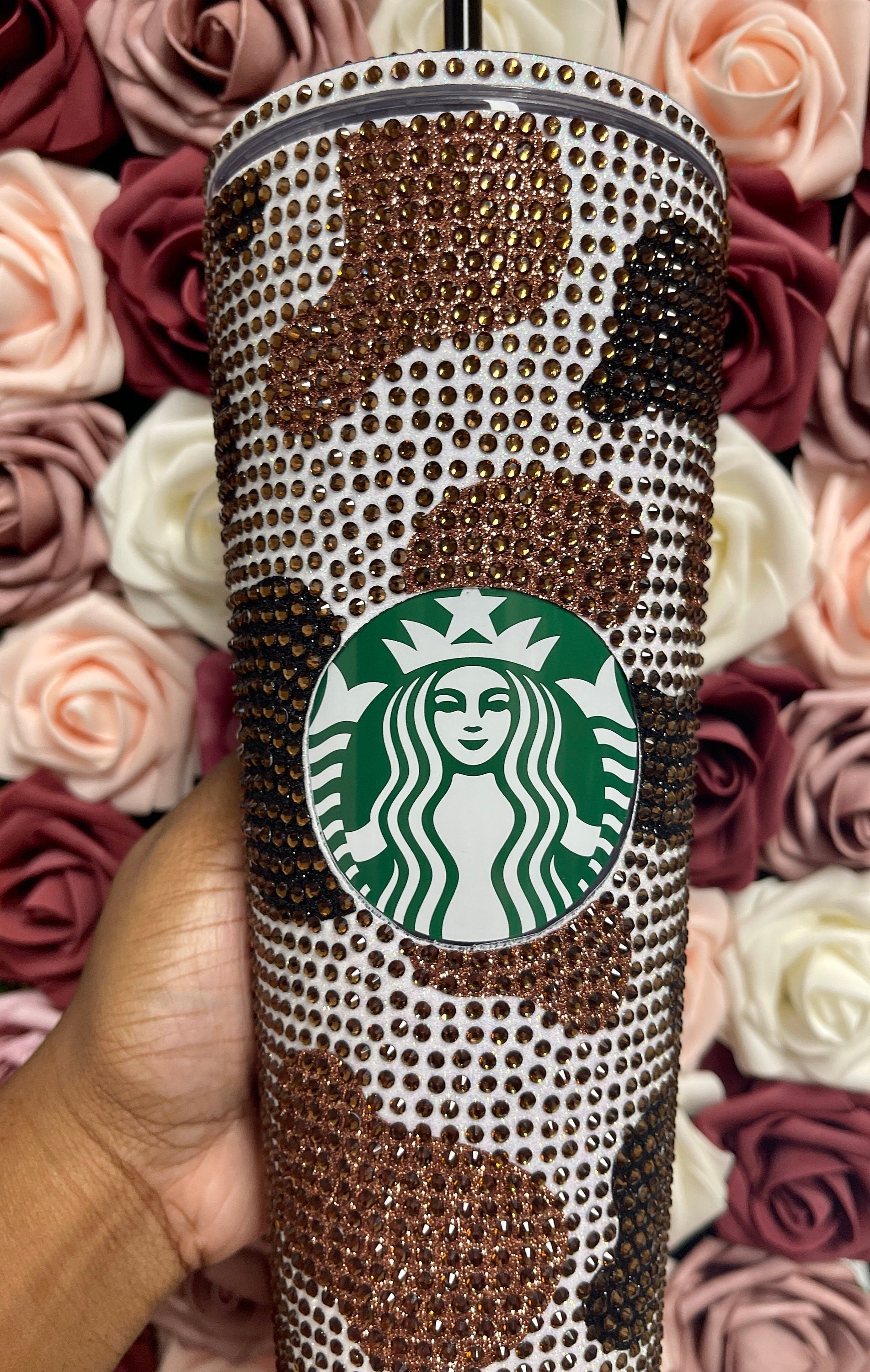 Black and Brown Two Tone Cow Print with Brown Rhinestone Full Bling Venti Acrylic Starbucks Tumbler 16 or 24oz