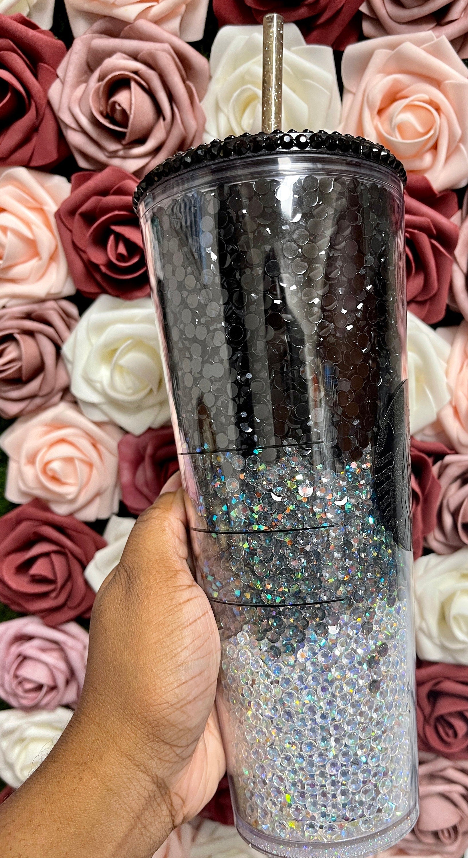 Starbucks Black and Grey Ombre Rhinestone Filled Tumbler|Rhinestone Lid| Reverse Rhinestones 16 or 24 oz
