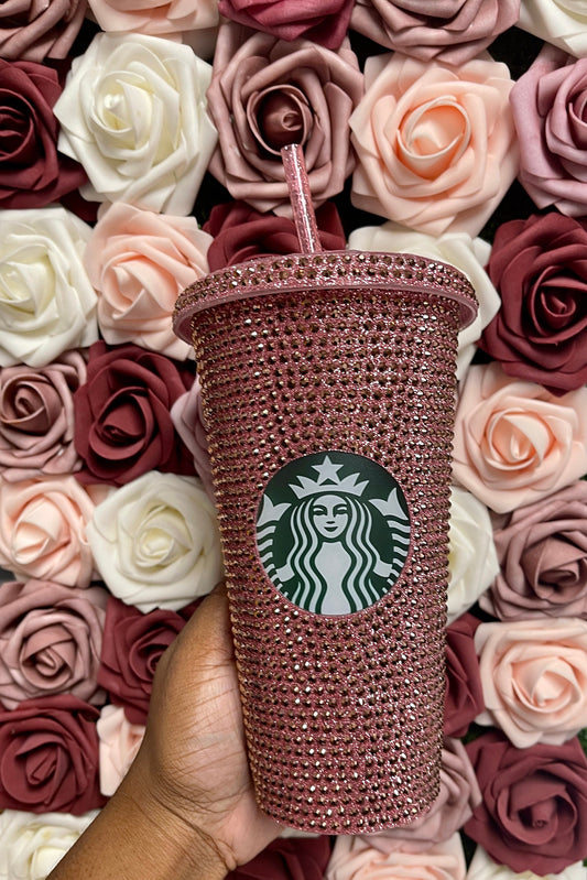 Rose Gold Starbucks Rhinestone Bling Bedazzled Glitter Tumbler, 24 oz Reusable Plastic