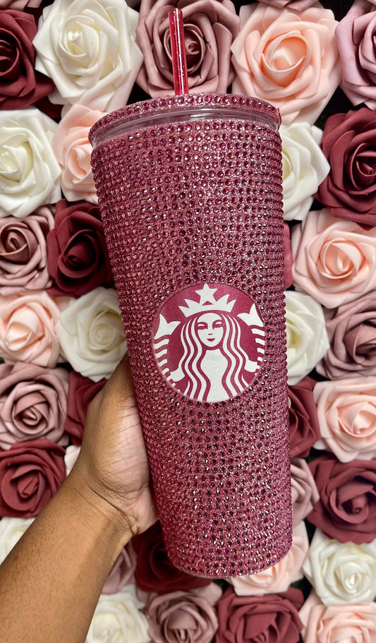 Rose Gold Vinyl With Rose Pink Full Glitter Rhinestone Bling Venti Acrylic Starbucks Tumbler 24oz