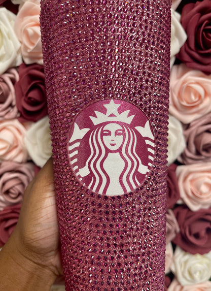 Rose Gold Vinyl With Rose Pink Full Glitter Rhinestone Bling Venti Acrylic Starbucks Tumbler 24oz