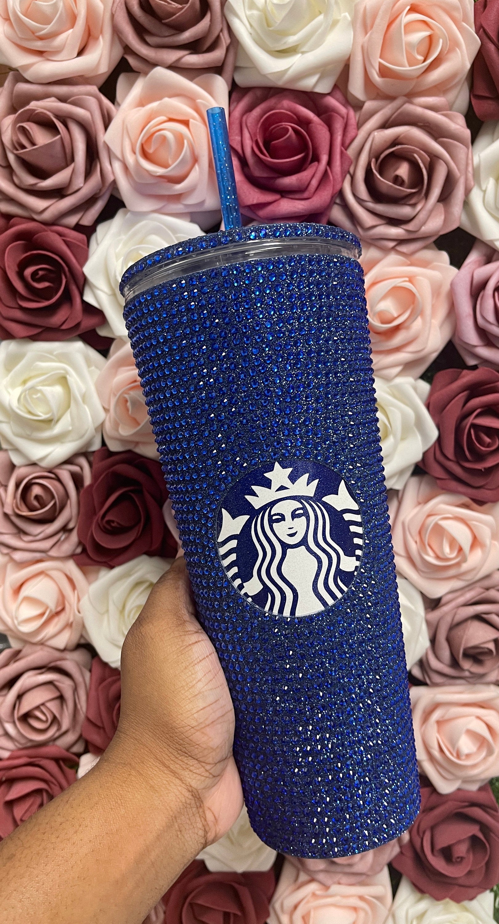 Blue Glitter Vinyl With Sapphire Full Glitter Rhinestone Bling Venti Acrylic Starbucks Tumbler 16 or 24oz