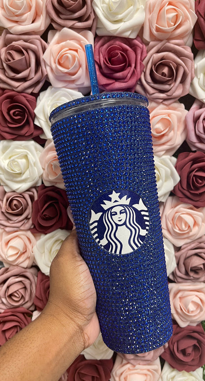 Blue Glitter Vinyl With Sapphire Full Glitter Rhinestone Bling Venti Acrylic Starbucks Tumbler 16 or 24oz