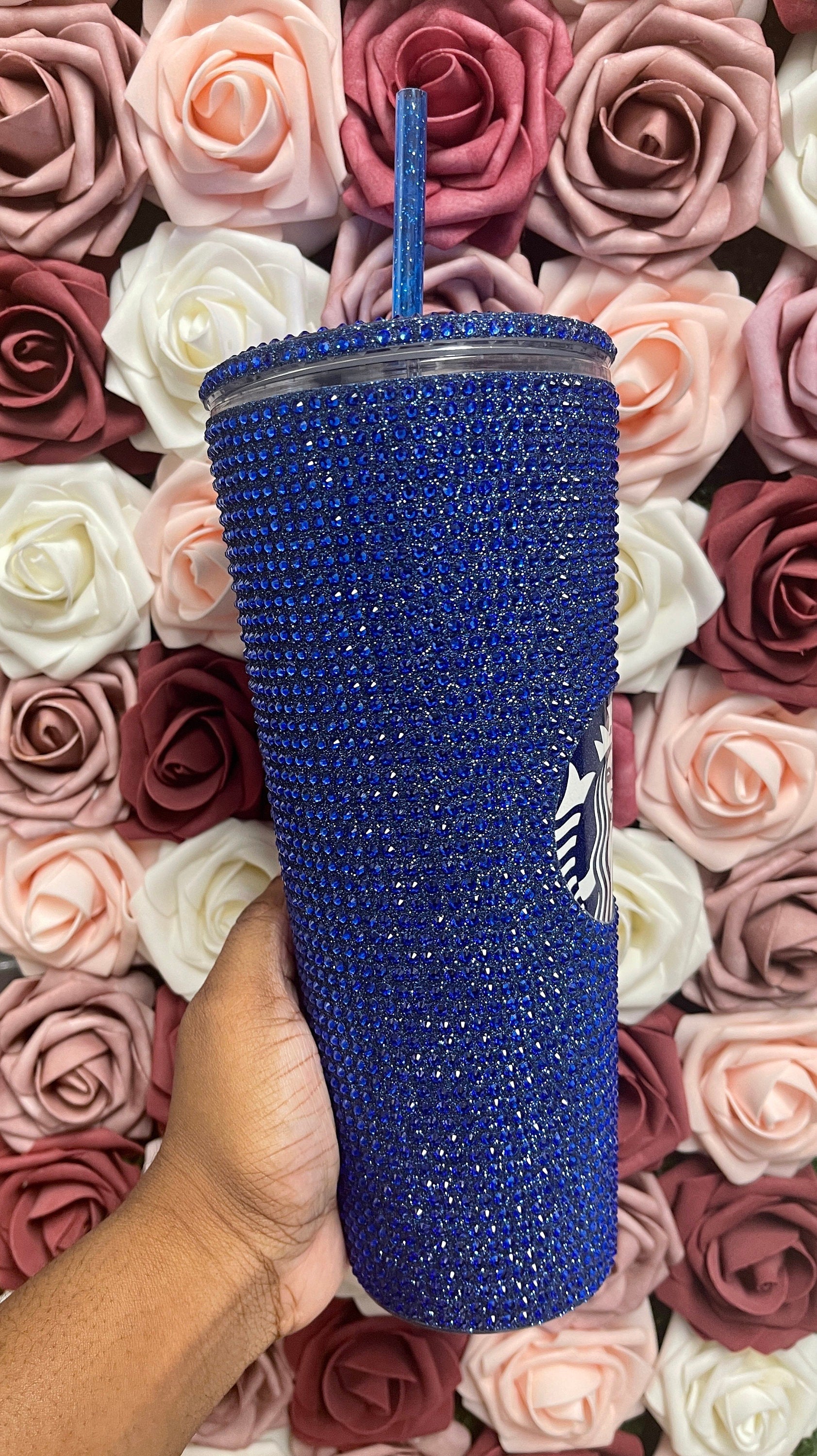 Blue Glitter Vinyl With Sapphire Full Glitter Rhinestone Bling Venti Acrylic Starbucks Tumbler 16 or 24oz