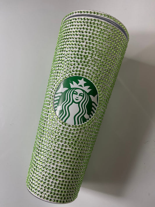 Rainbow White Vinyl With Peridot Full Glitter Rhinestone Bling Venti Acrylic Starbucks Tumbler 24oz