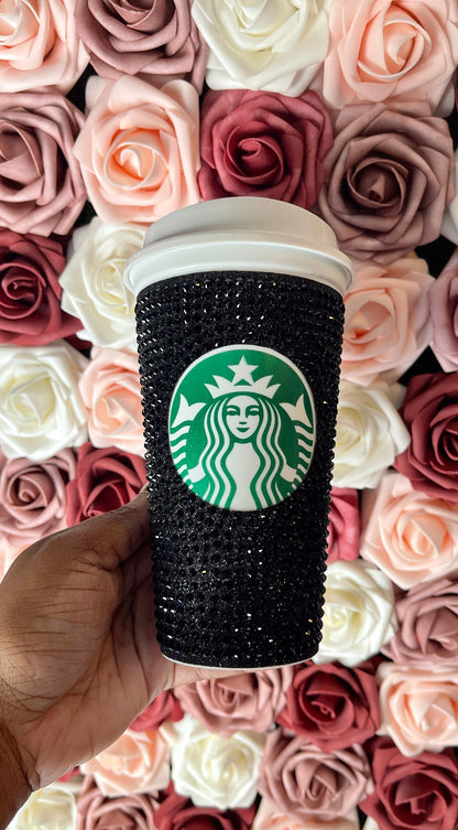 Black Glitter HTV and Black Rhinestone Bling Hot Cup Starbucks Tumbler 16 oz