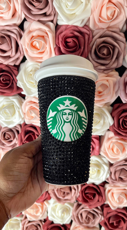 Black Glitter HTV and Black Rhinestone Bling Hot Cup Starbucks Tumbler 16 oz