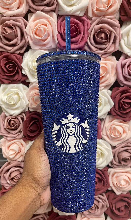 Blue Glitter Vinyl With Sapphire Full Glitter Rhinestone Bling Venti Acrylic Starbucks Tumbler 16 or 24oz