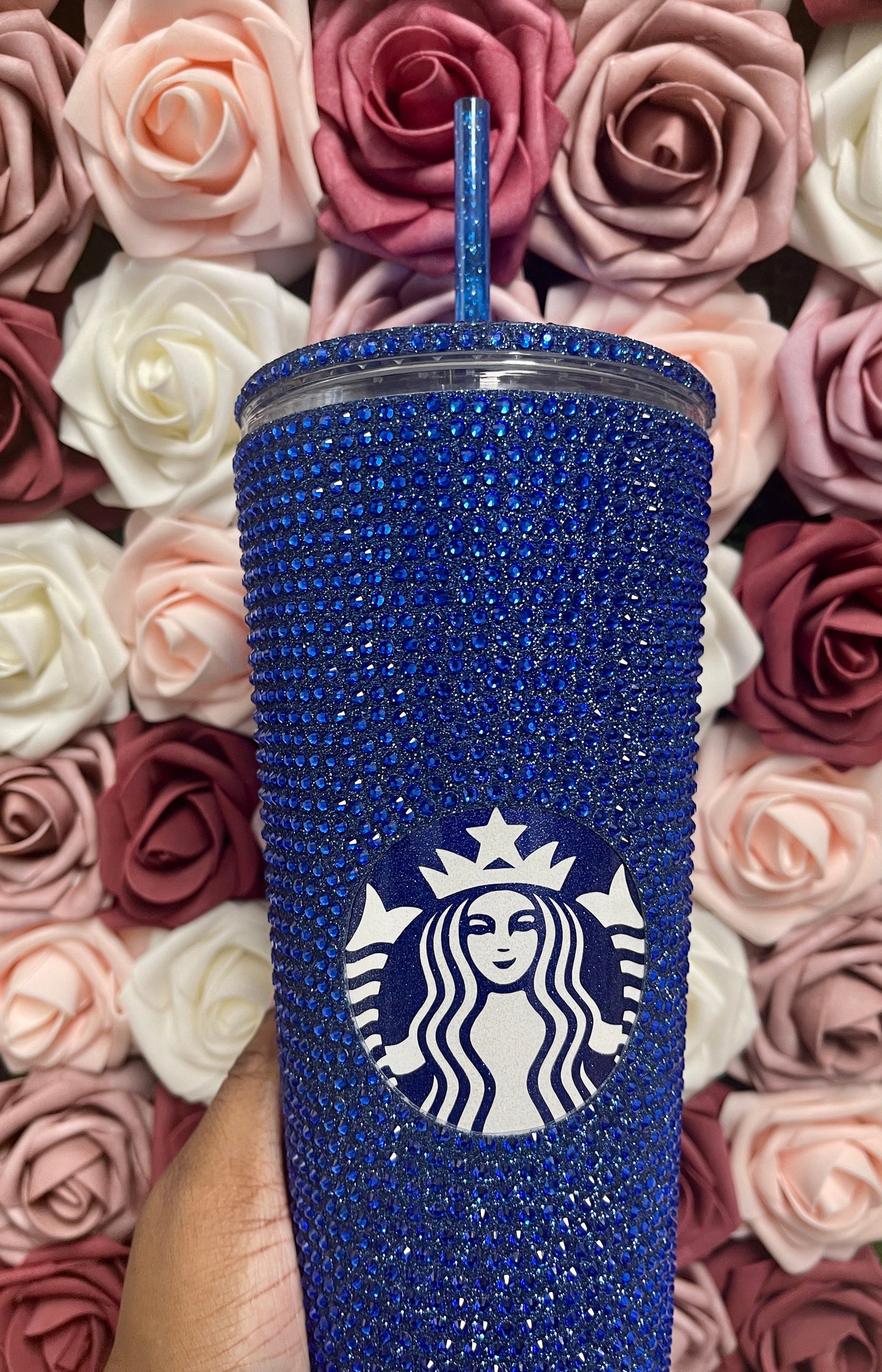 Blue Glitter Vinyl With Sapphire Full Glitter Rhinestone Bling Venti Acrylic Starbucks Tumbler 16 or 24oz