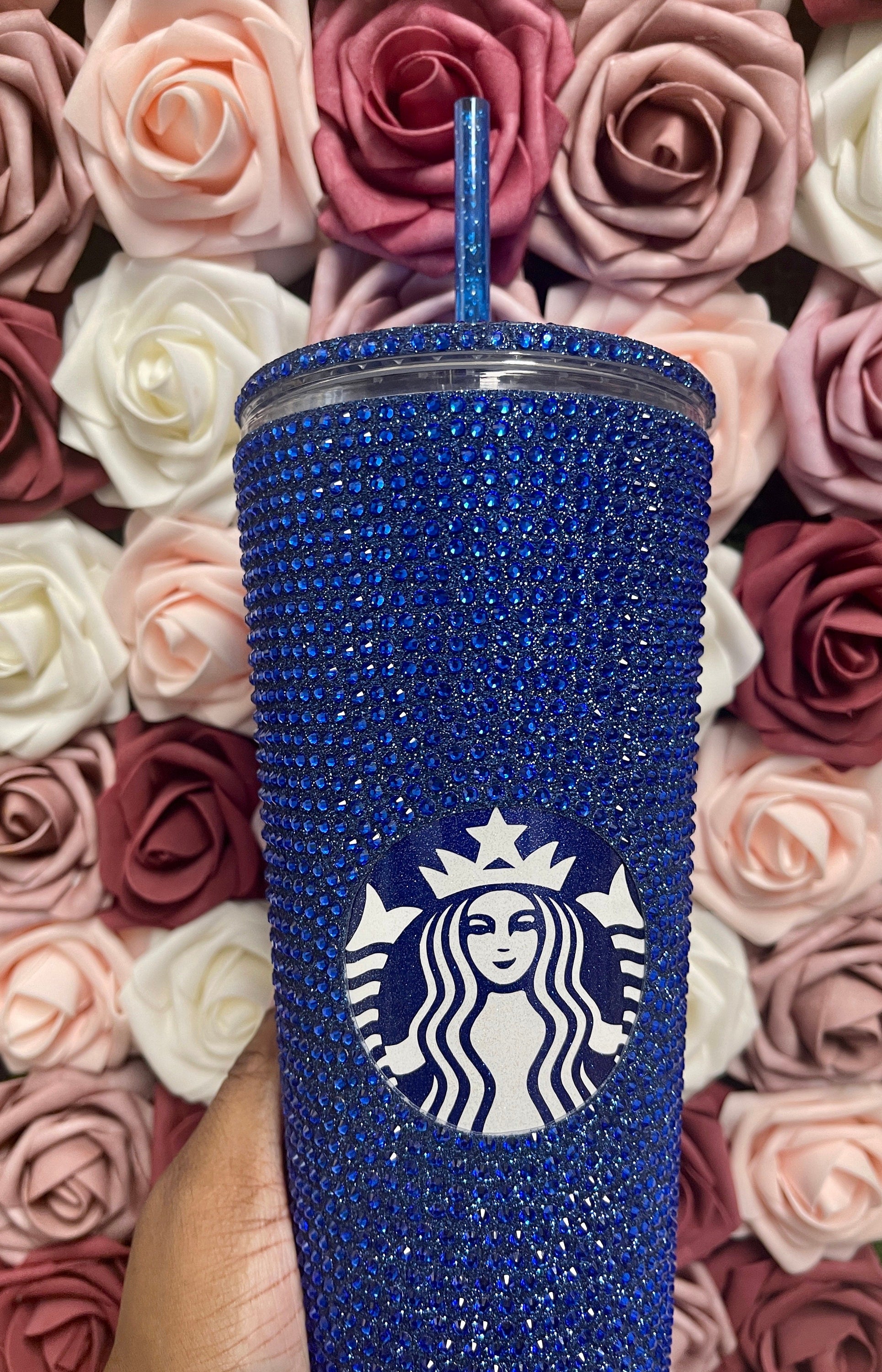 Blue Glitter Vinyl With Sapphire Full Glitter Rhinestone Bling Venti Acrylic Starbucks Tumbler 16 or 24oz