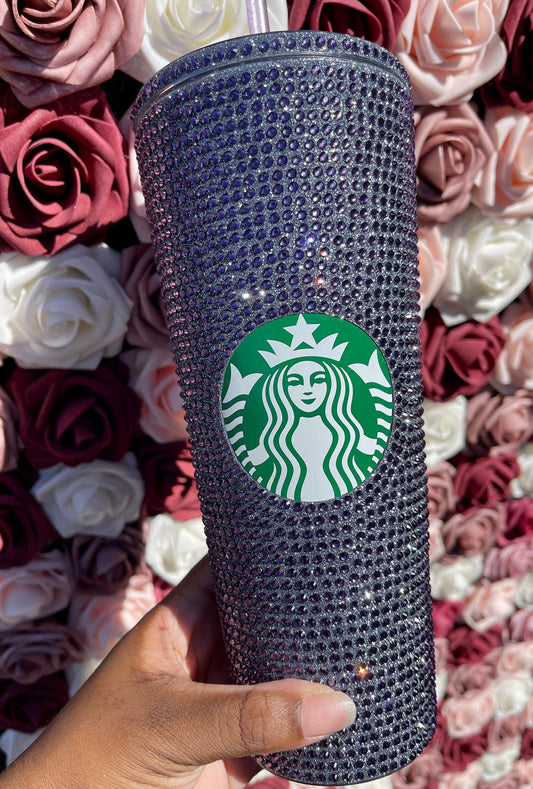Black Silver Vinyl With Tanzanite Rhinestones Full Glitter Rhinestone Bling Venti Acrylic Starbucks Tumbler 24oz