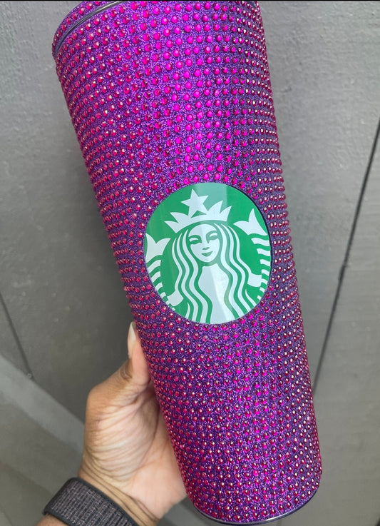 Lavender Vinyl With Fuchsia Rhinestones Full Glitter Rhinestone Bling Venti Acrylic Starbucks Tumbler 24oz