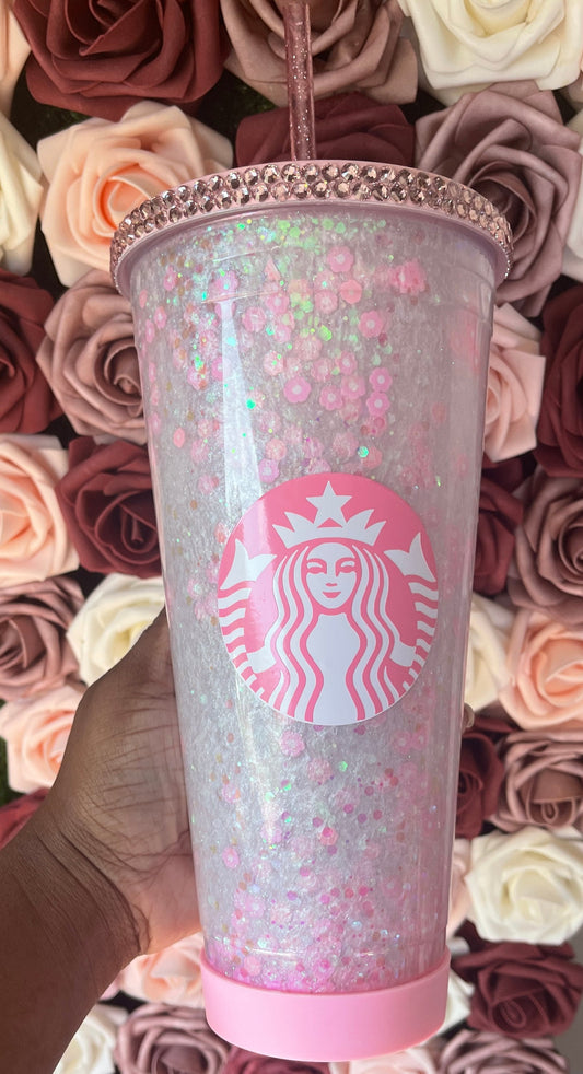 32 oz Pink Flower Snow Globe Tumbler Glitter Polymer Clay