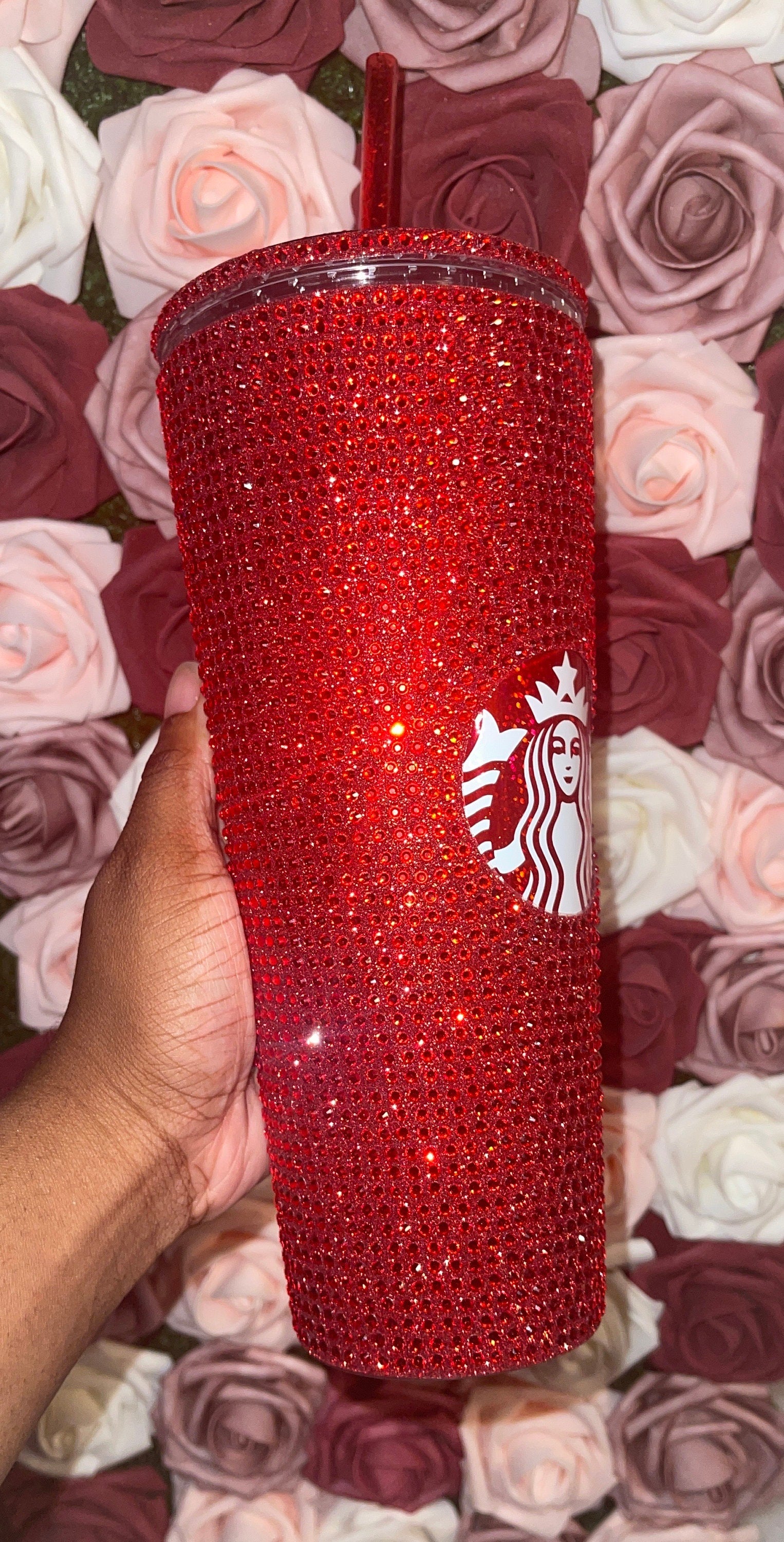 Red Glitter Vinyl With Siam Full Glitter Rhinestone Bling Venti Acrylic Starbucks Tumbler 16 or 24oz