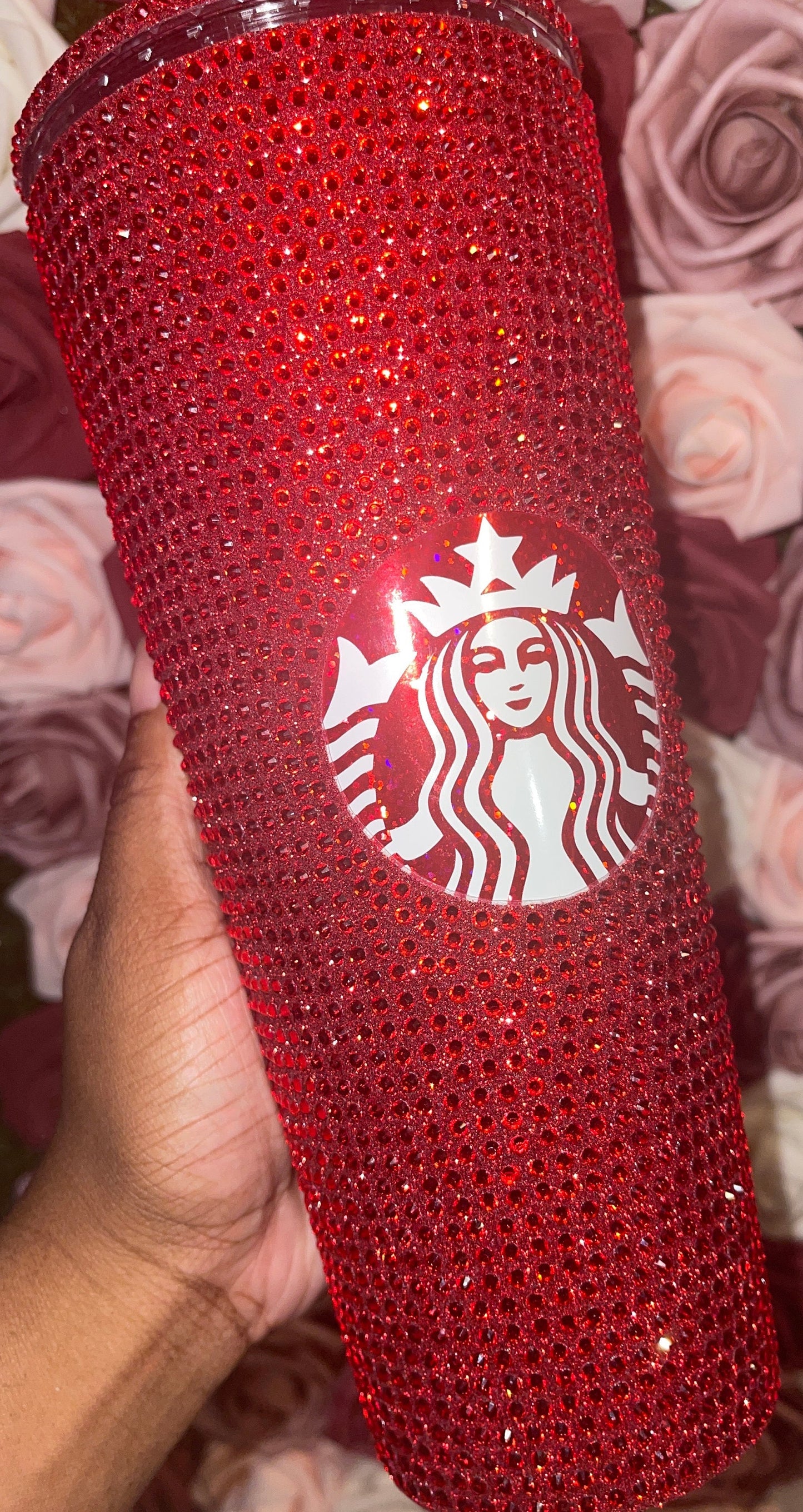 Red Glitter Vinyl With Siam Full Glitter Rhinestone Bling Venti Acrylic Starbucks Tumbler 16 or 24oz