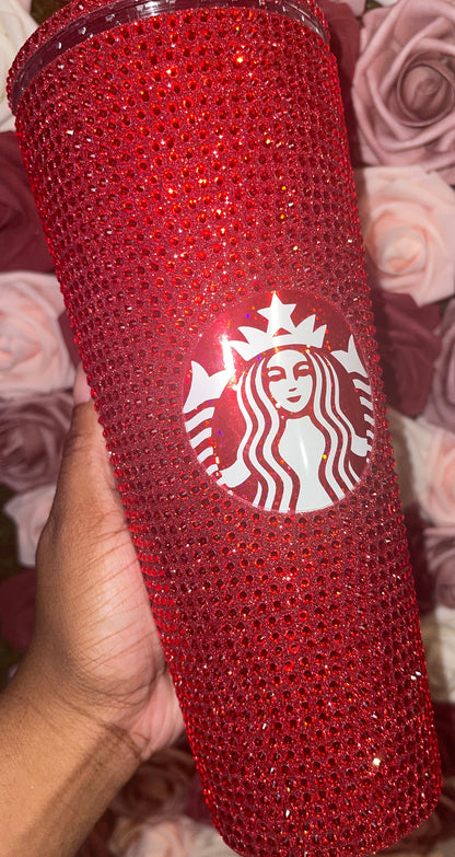 Red Glitter Vinyl With Siam Full Glitter Rhinestone Bling Venti Acrylic Starbucks Tumbler 16 or 24oz