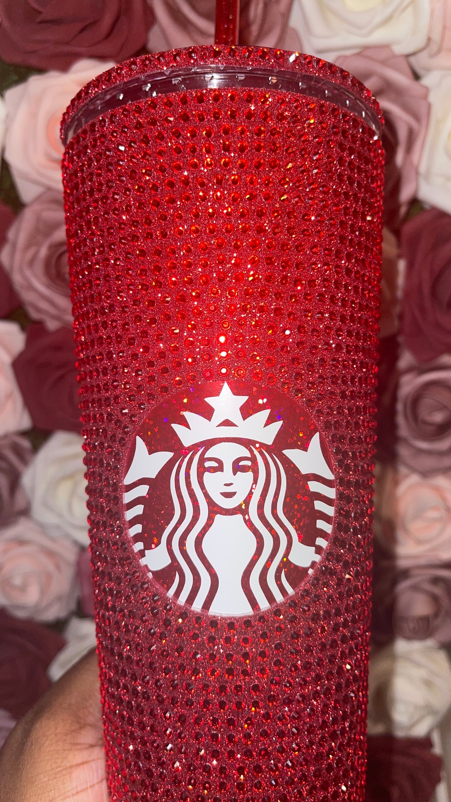 Red Glitter Vinyl With Siam Full Glitter Rhinestone Bling Venti Acrylic Starbucks Tumbler 16 or 24oz