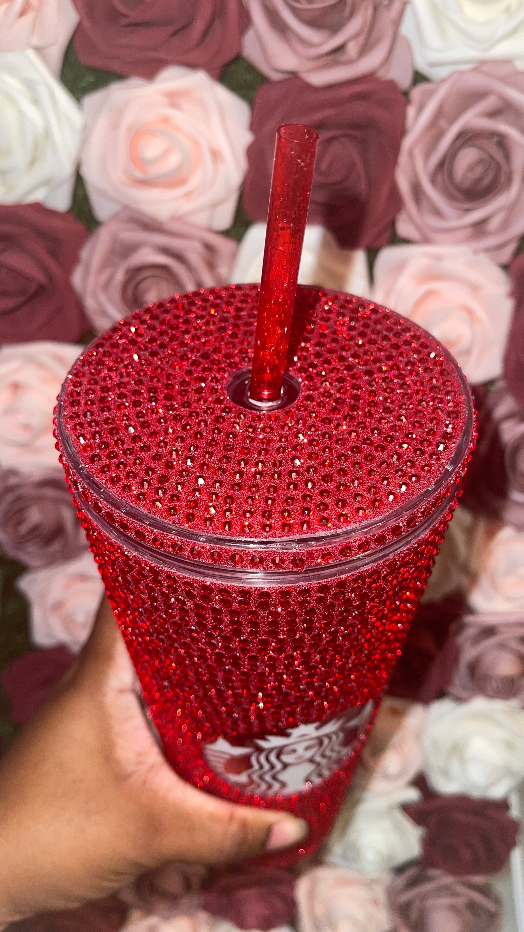 Red Glitter Vinyl With Siam Full Glitter Rhinestone Bling Venti Acrylic Starbucks Tumbler 16 or 24oz