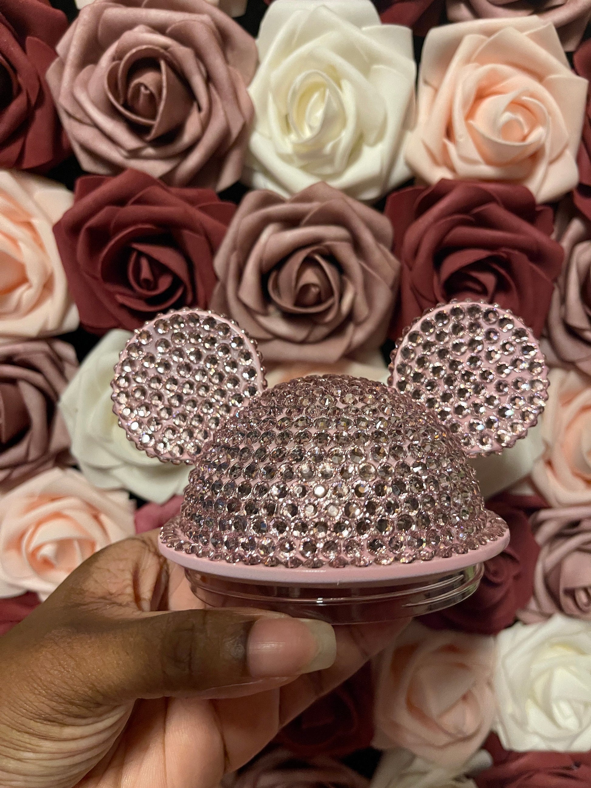 Light Pink Full Bling Rhinestone Mouse Ear Lid, Lid Add On, Replacement Lid, Extra Lid