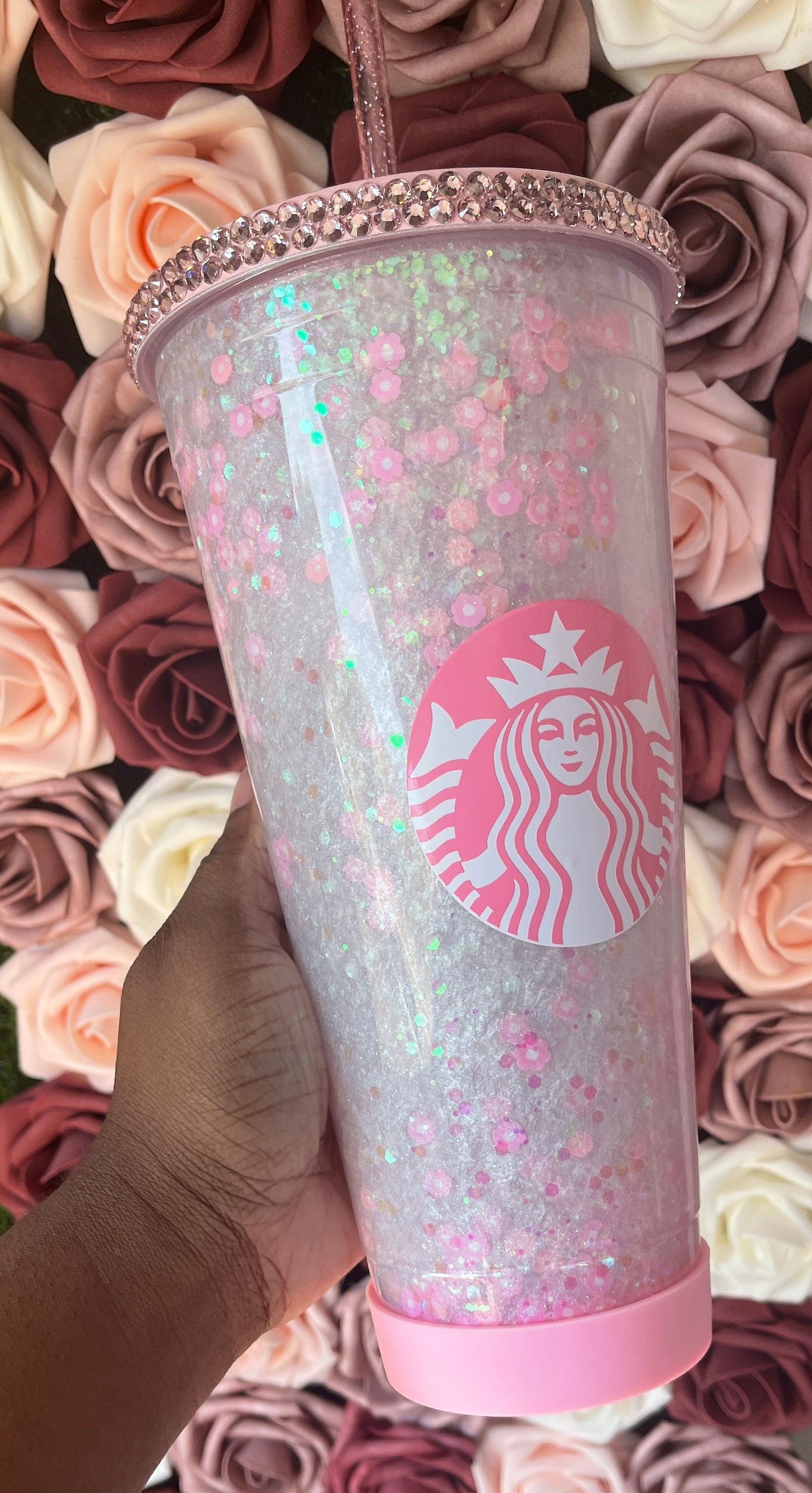 32 oz Pink Flower Snow Globe Tumbler Glitter Polymer Clay