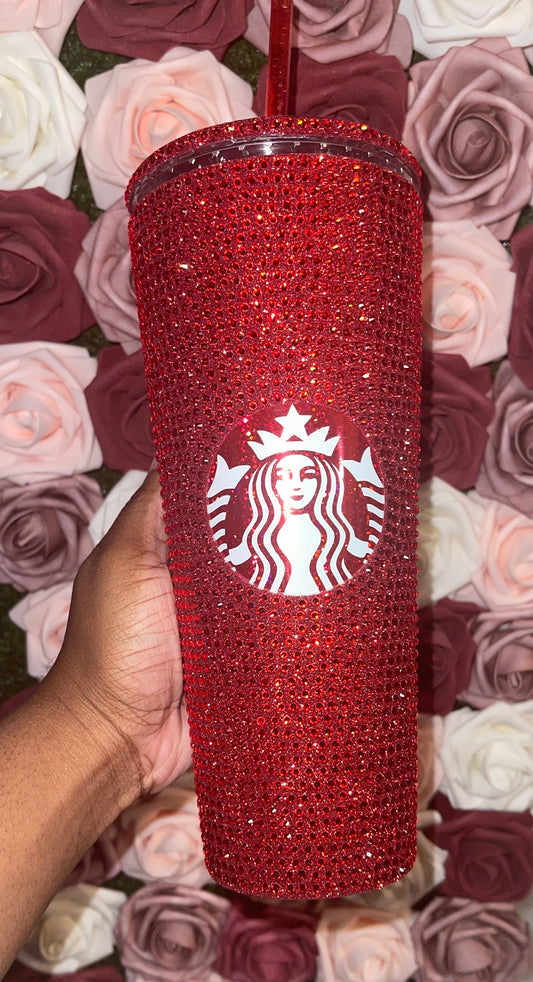 Red Glitter Vinyl With Siam Full Glitter Rhinestone Bling Venti Acrylic Starbucks Tumbler 16 or 24oz