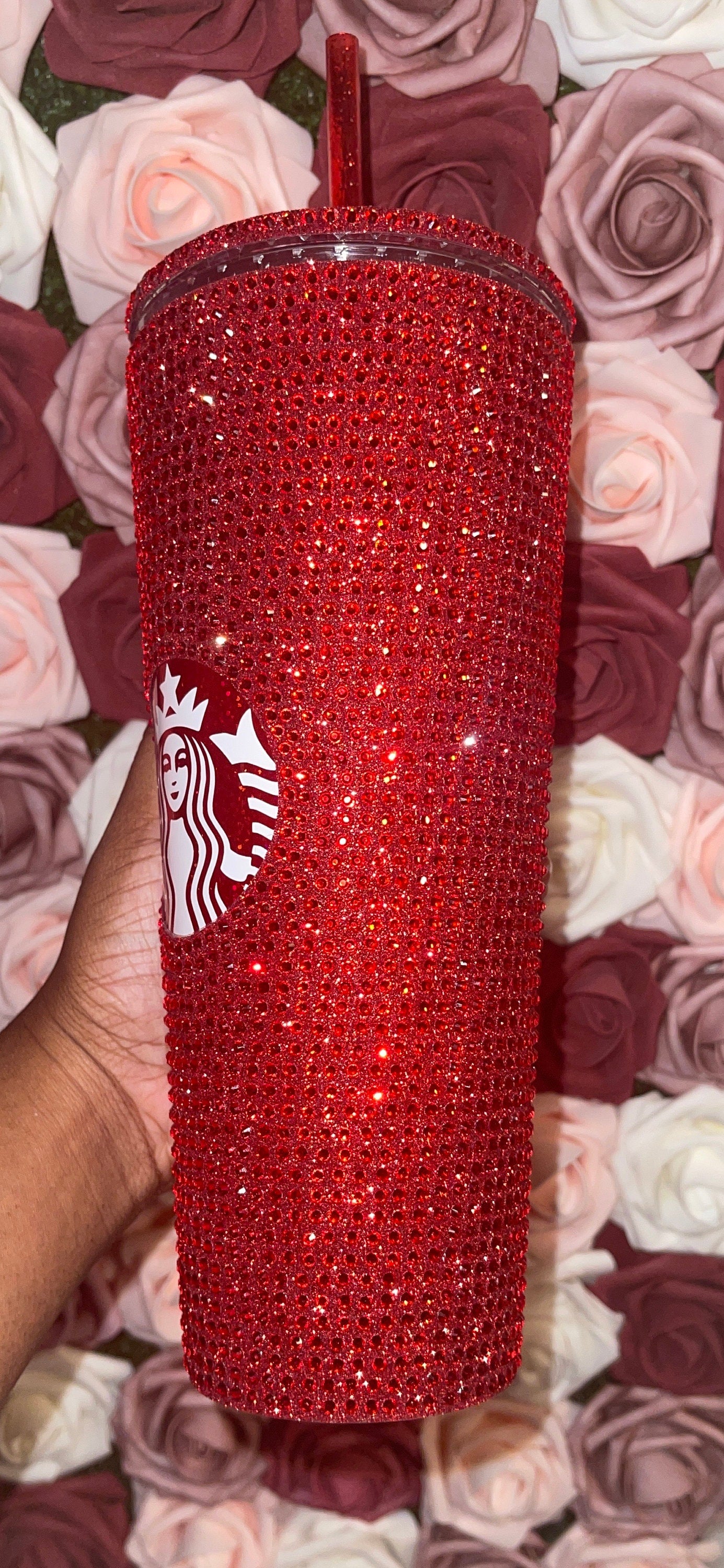Red Glitter Vinyl With Siam Full Glitter Rhinestone Bling Venti Acrylic Starbucks Tumbler 16 or 24oz