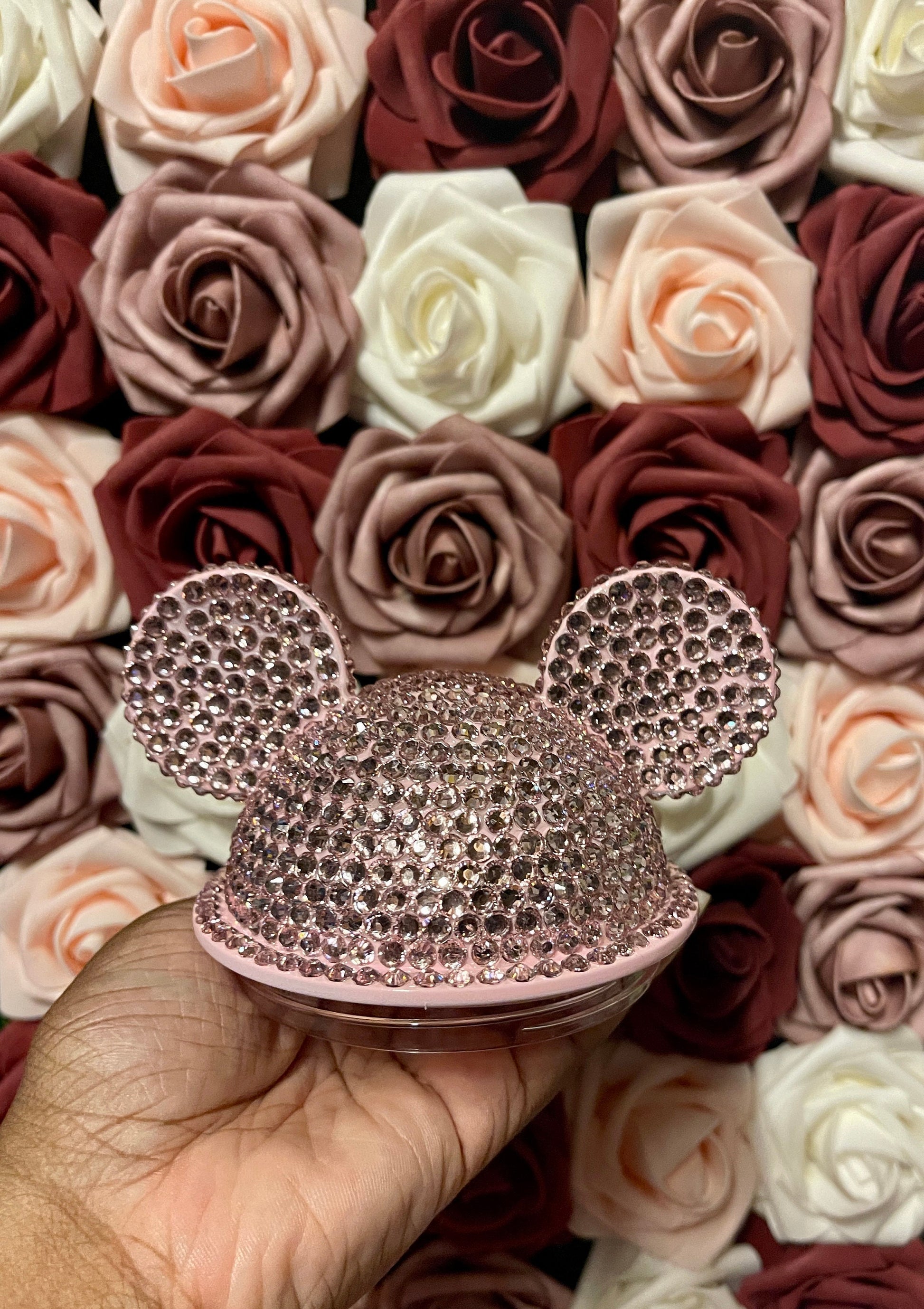 Light Pink Full Bling Rhinestone Mouse Ear Lid, Lid Add On, Replacement Lid, Extra Lid