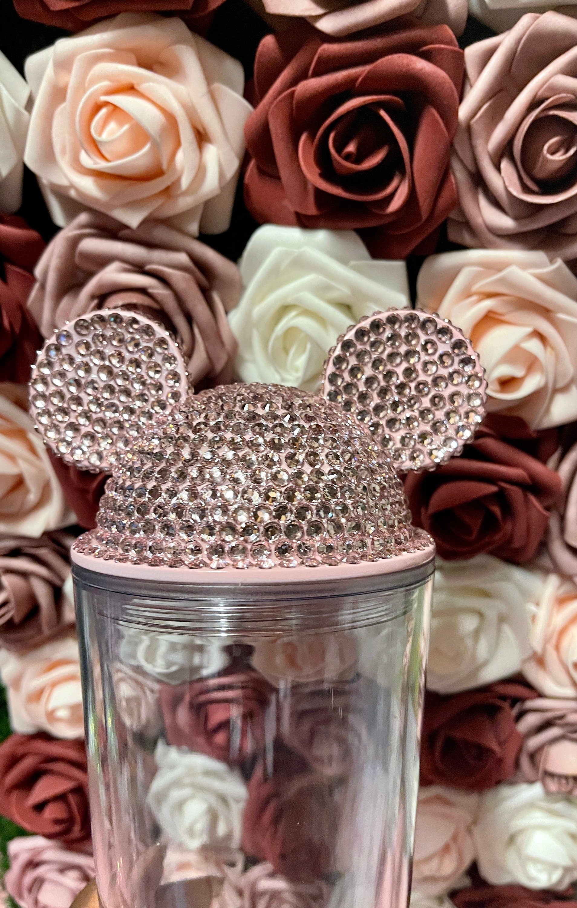Light Pink Full Bling Rhinestone Mouse Ear Lid, Lid Add On, Replacement Lid, Extra Lid