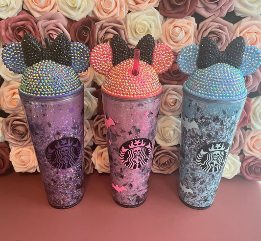 Cold Color Changing Spooky Glitter Tumbler, Pink Blue Purple to Black ,Halloween Snow Globe Tumbler, Bats and Glitter