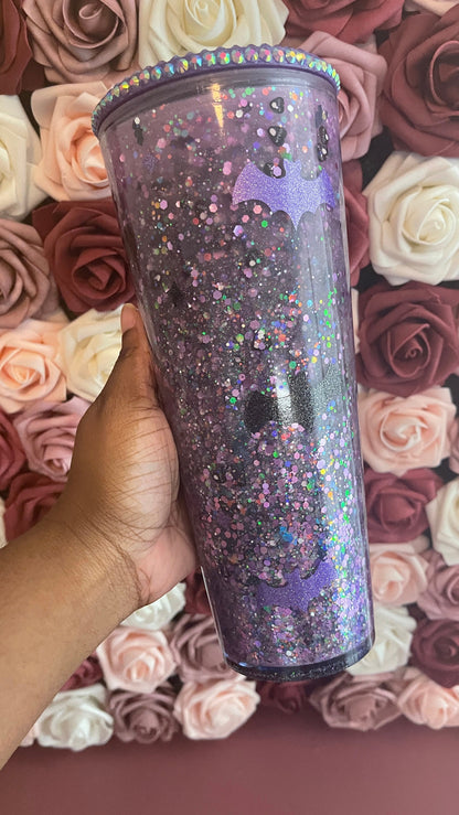 Cold Color Changing Spooky Glitter Tumbler, Pink Blue Purple to Black ,Halloween Snow Globe Tumbler, Bats and Glitter