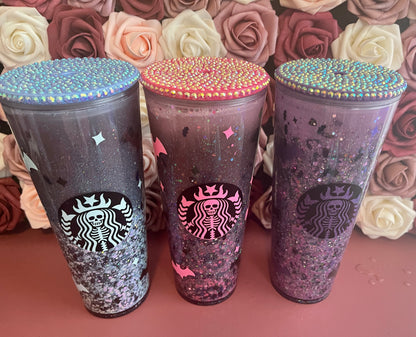Cold Color Changing Spooky Glitter Tumbler, Pink Blue Purple to Black ,Halloween Snow Globe Tumbler, Bats and Glitter