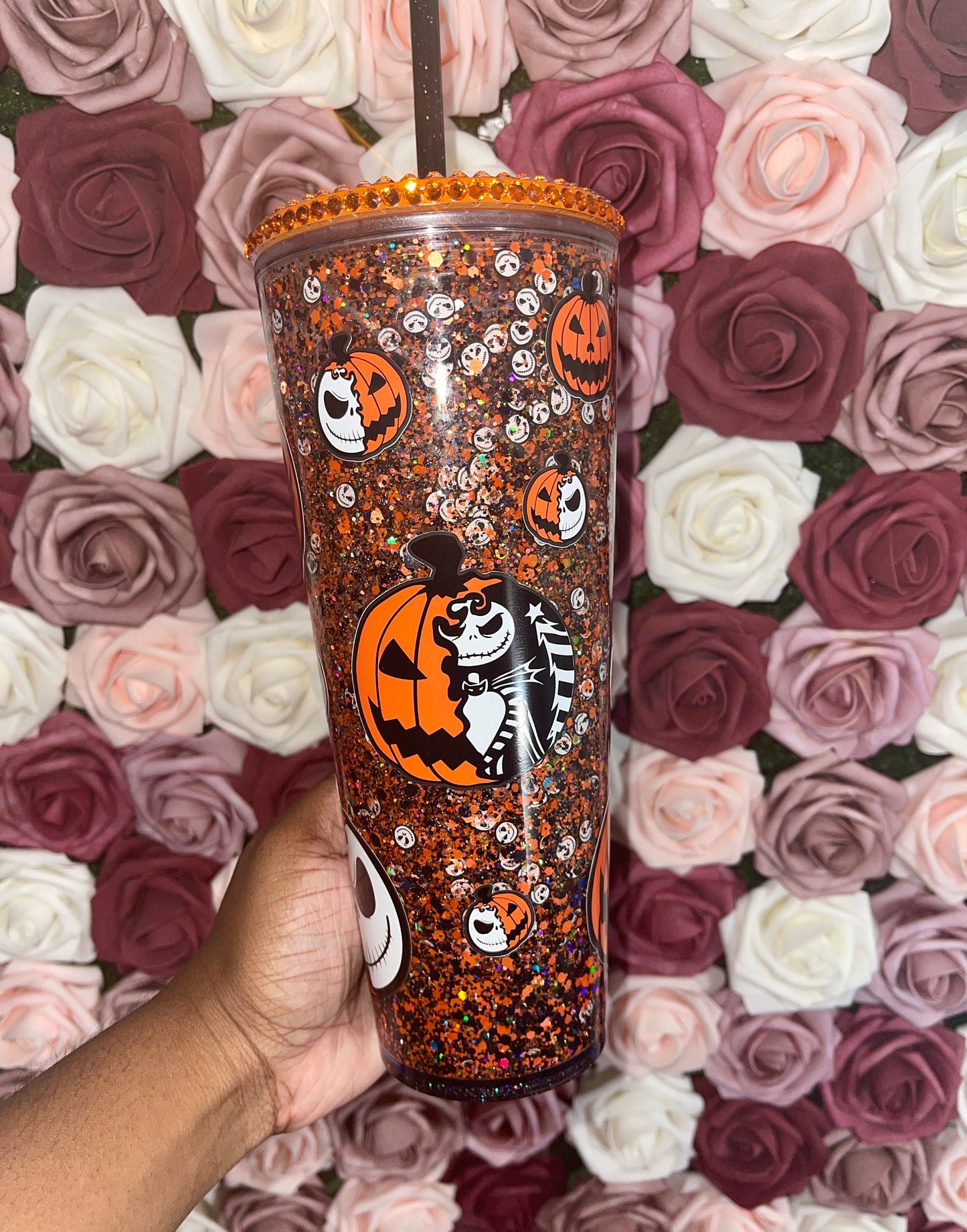 Spooky Pumpkin Orange & Black Halloween Snow Globe Tumbler