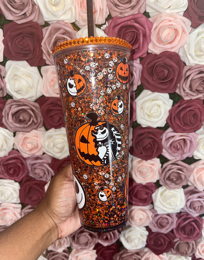 Spooky Pumpkin Orange & Black Halloween Snow Globe Tumbler