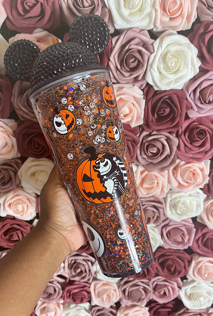 Spooky Pumpkin Orange & Black Halloween Snow Globe Tumbler