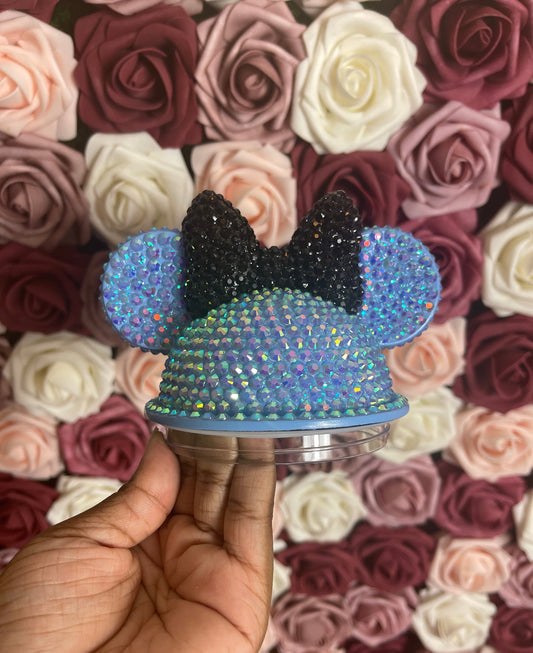 Lt Sapphire with Black Bow Full Bling Rhinestone Mouse Ear Lid, Lid Add On, Replacement Lid, Extra Lid, Fits Starbucks Tumblers
