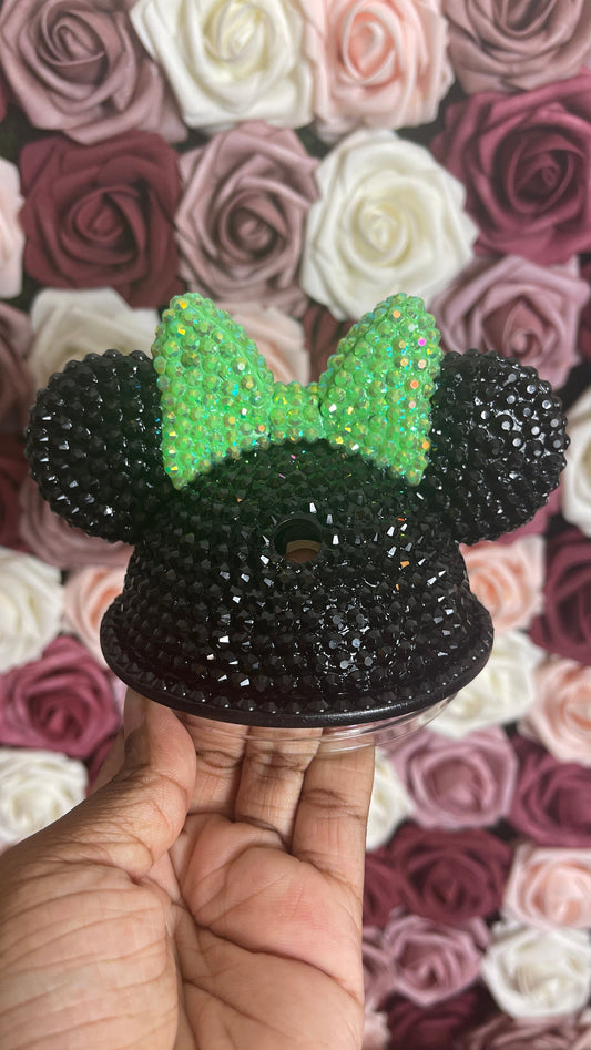 Black with Peridot Green Bow Full Bling Rhinestone Mouse Ear Lid, Lid Add On, Replacement Lid, Extra Lid, Fits Starbucks Tumblers