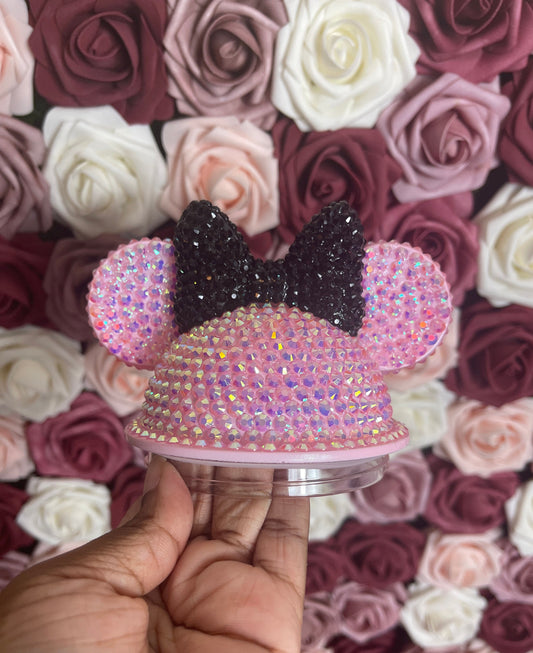 Light Pink AB with Black Bow Full Bling Rhinestone Mouse Ear Lid, Lid Add On, Replacement Lid, Extra Lid, Fits Starbucks Tumblers