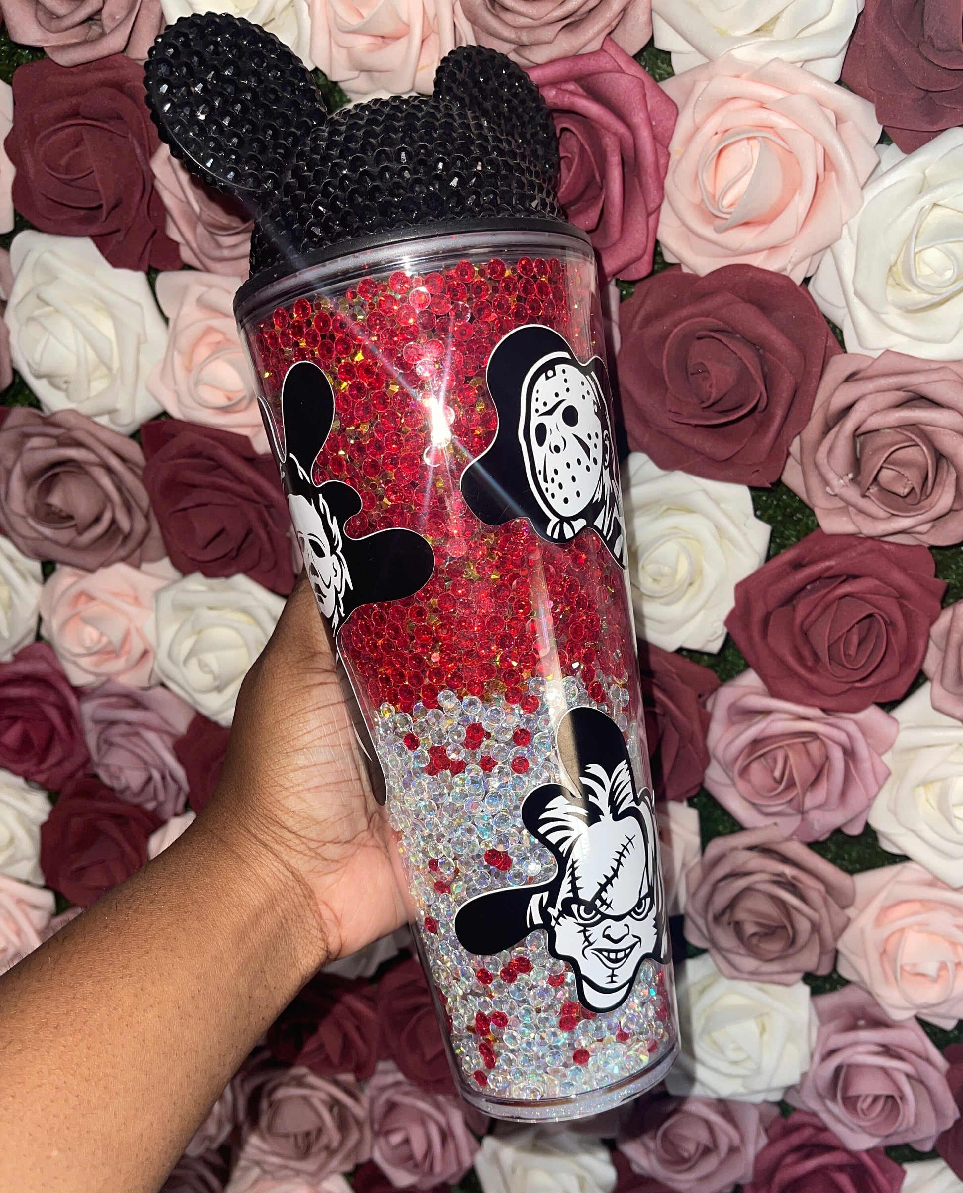 Halloween Scary Guys Blood Ombre Drip Rhinestone Filled Tumbler, Rhinestone Lid, Reverse Rhinestones 24 oz