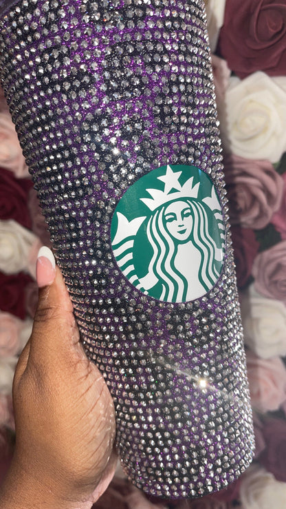 Purple & Black Glitter HTV with Silver Rhinestones Cheetah Leopard Print Vinyl Full Bling Venti Acrylic Starbucks Tumbler