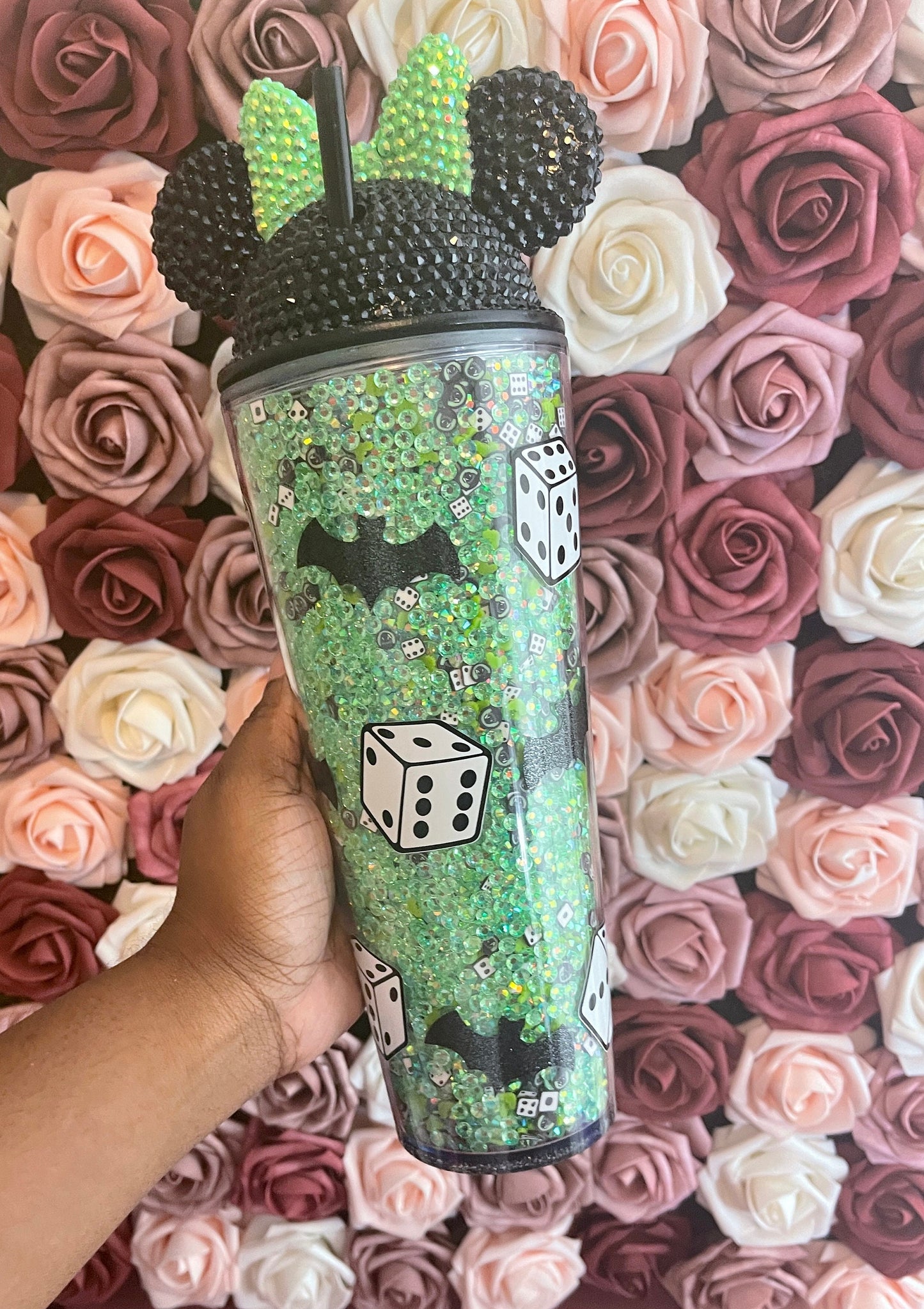 Halloween Green Mix Rhinestone Filled Tumbler, Rhinestone Lid, Reverse Rhinestones 24 oz