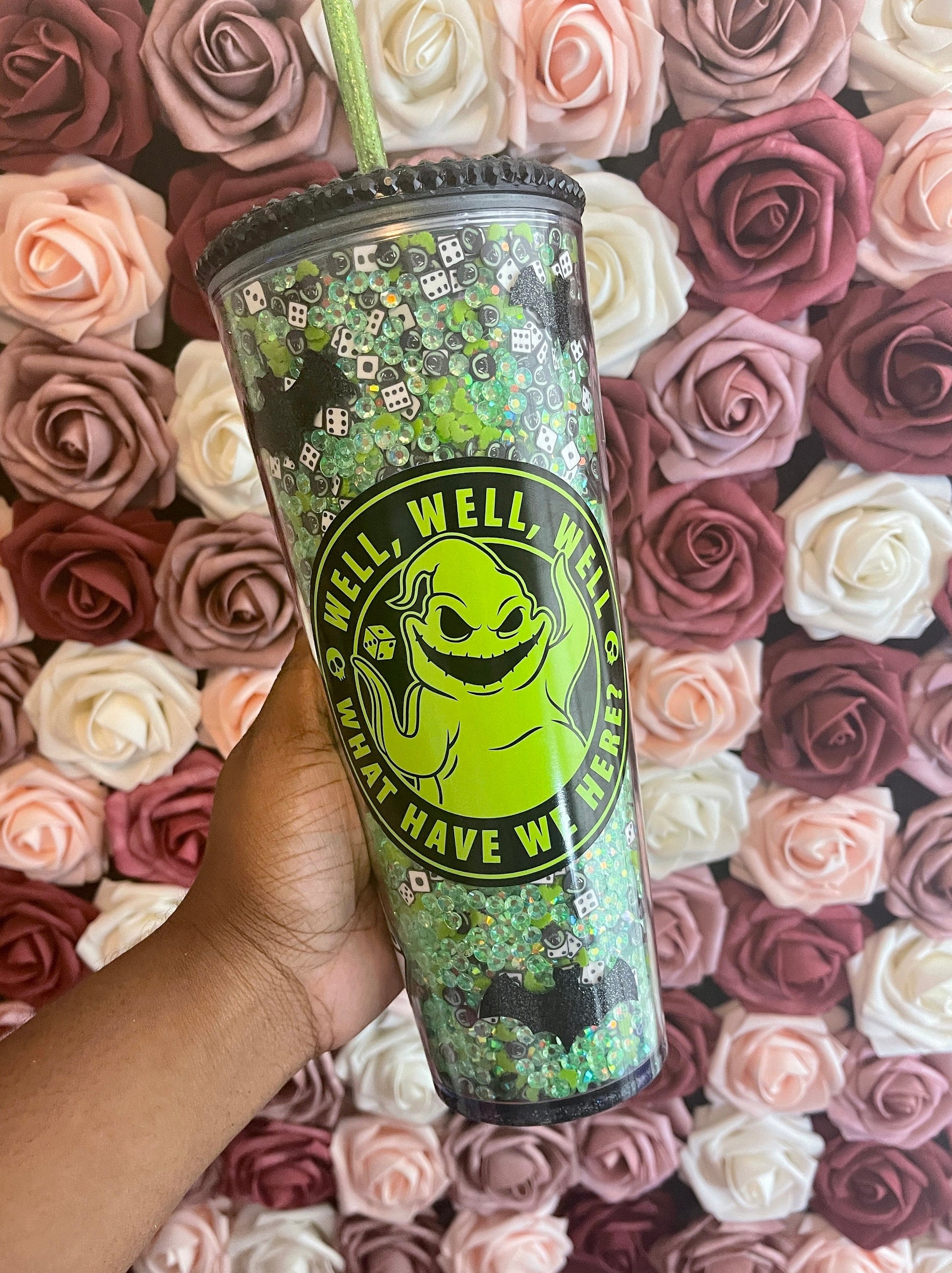 Halloween Green Mix Rhinestone Filled Tumbler, Rhinestone Lid, Reverse Rhinestones 24 oz