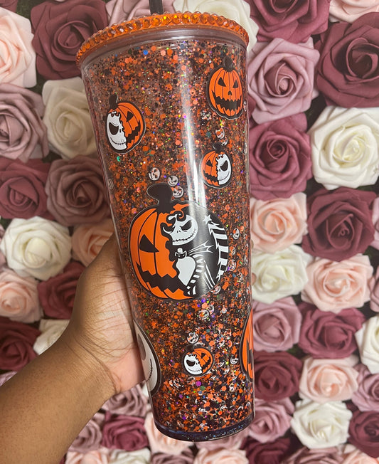Spooky Pumpkin Orange & Black Halloween Snow Globe Tumbler
